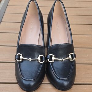 BCBGeneration Black Leather Loafers with Gold Accent